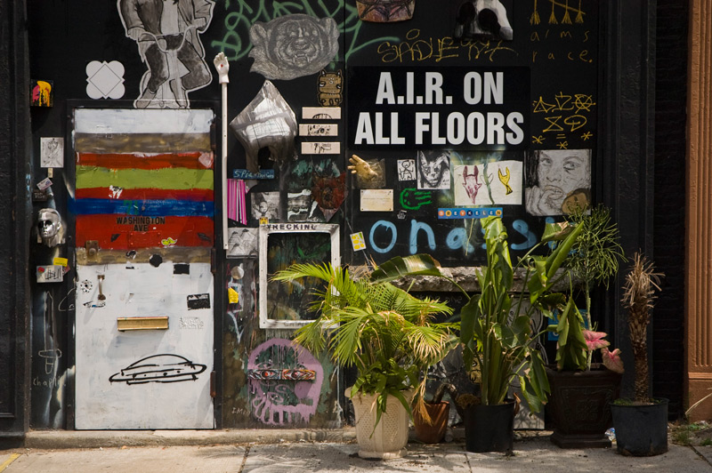 A hodgepodge of an entrance: plants, bright paint, graffiti.